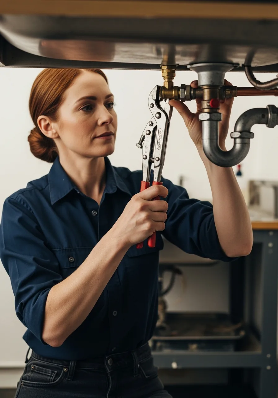 Plumber using two channel-lock pliers to back-hold and tighten a brass compression nut on a copper supply line under a sink