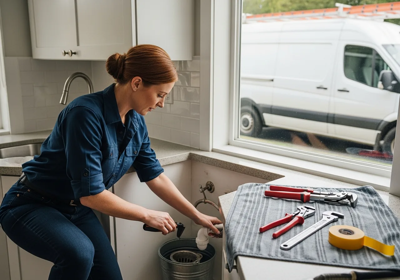 Plumber crouched under a kitchen sink in a modern home reaching toward the P-trap