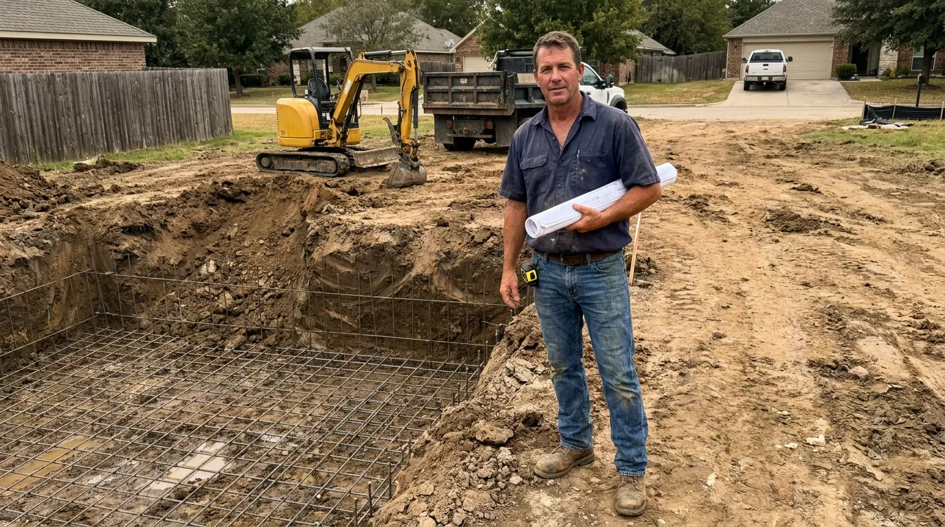 Swimming pool builder standing at the edge of a freshly excavated backyard pool dig with the rebar grid being tied for the shell