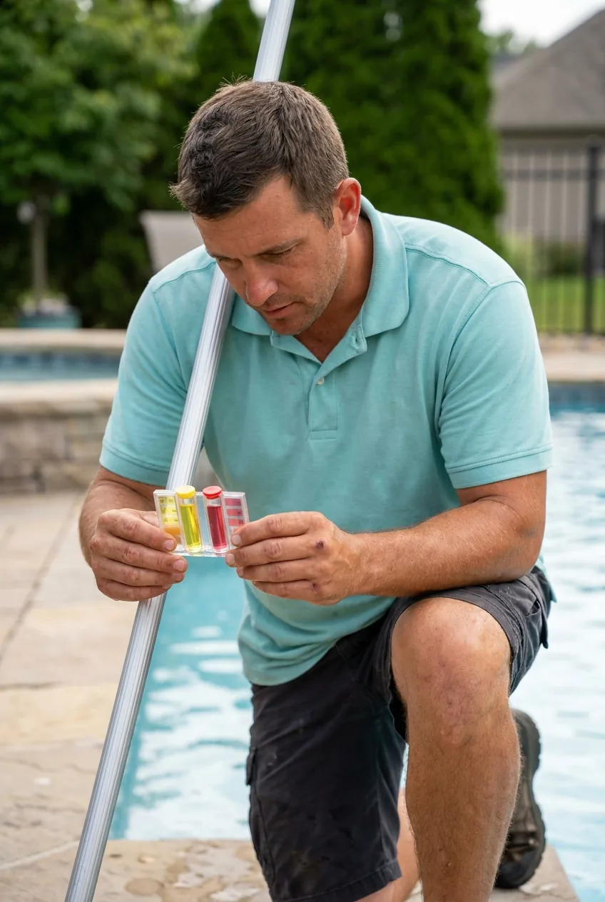 Pool service technician hands holding a dual-chamber plastic pool test kit with yellow chlorine and red pH samples against the blue pool water
