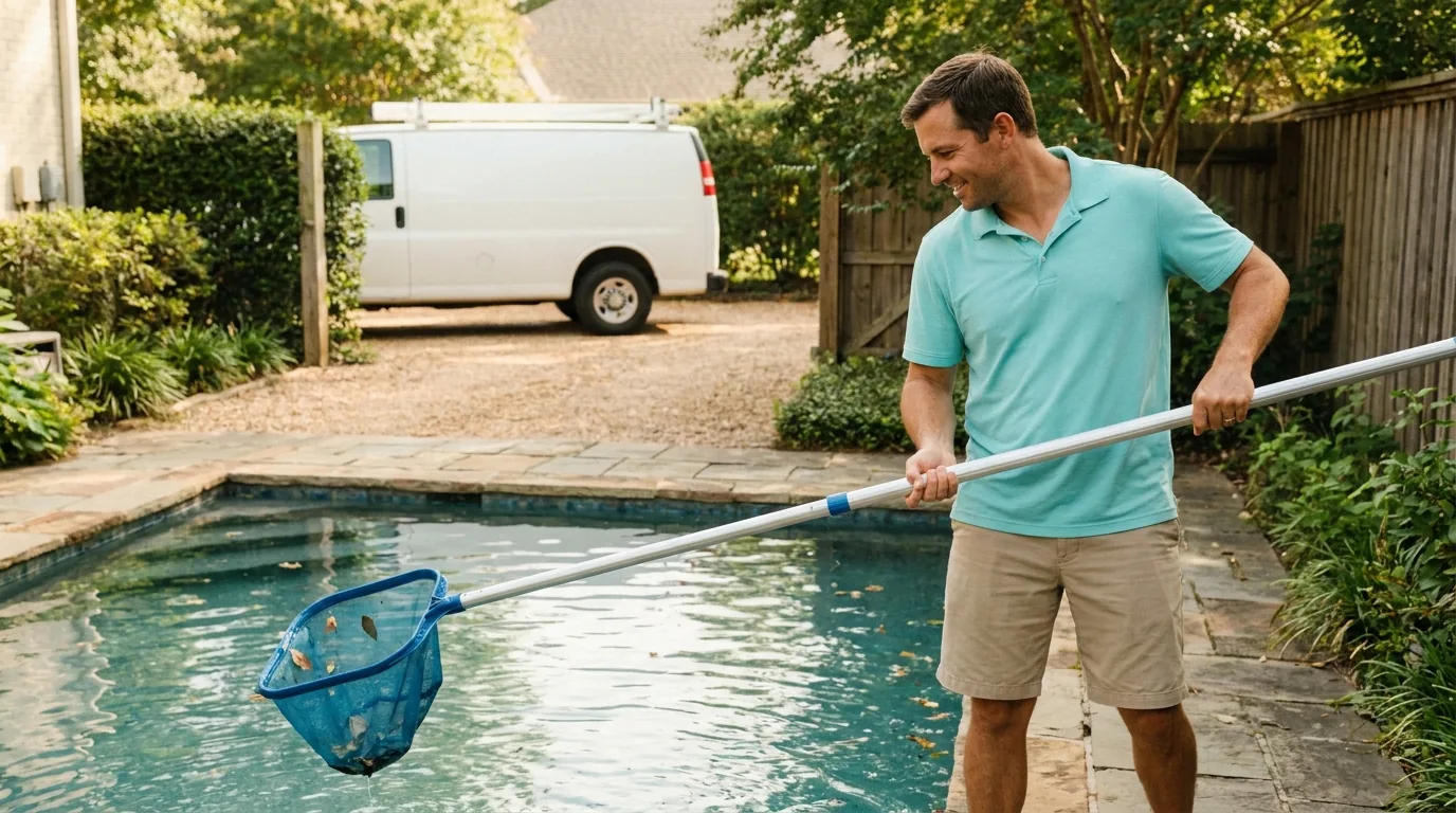 Pool service technician skimming leaves from the surface of a backyard swimming pool with a deep leaf-rake net on a long telescoping aluminum pole on a bright sunny day