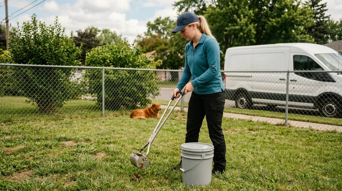 Pet waste removal pro standing in a fenced grassy backyard holding a long-handled metal pooper-scooper with a clamshell jaw