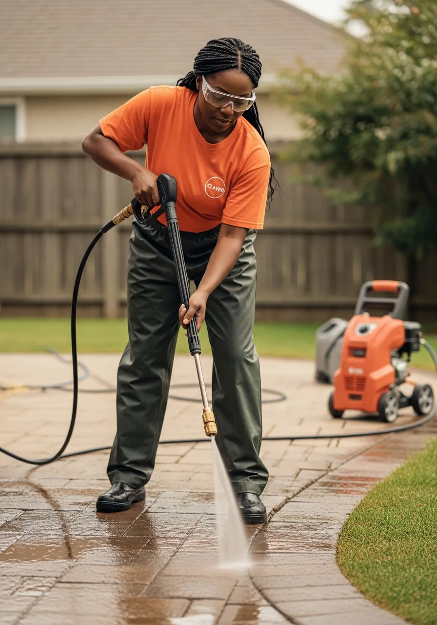 Pressure washing technician directing a pressure-washer wand with a 25-degree quick-connect tip along a patio edge
