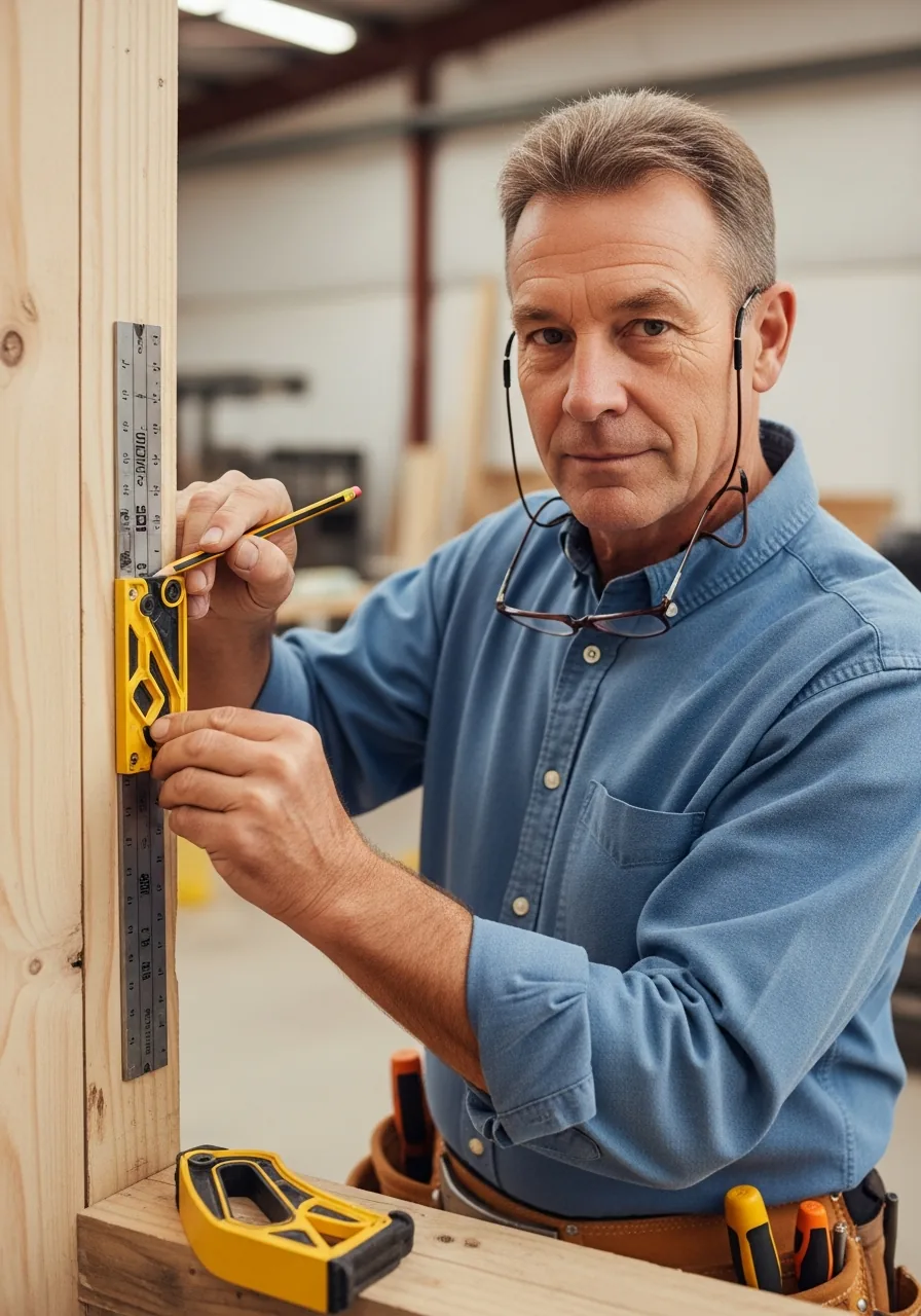 Remodeling contractor marking a stud with a carpenter's pencil along a speed square
