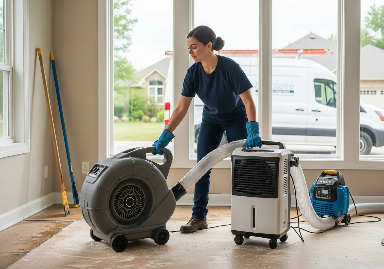Restoration technician positioning a snail-shaped axial air mover and a commercial dehumidifier in a water-damaged living room