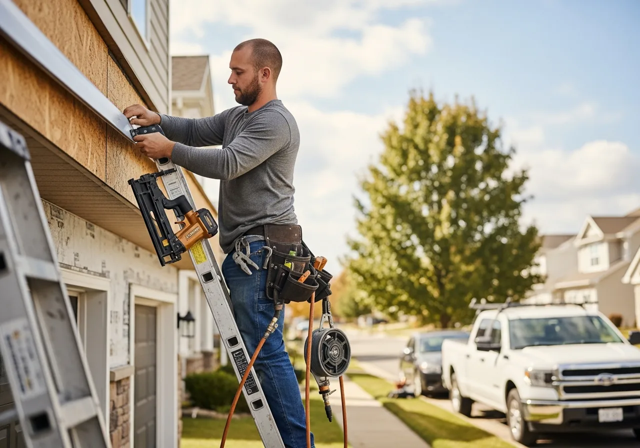 Siding installer on an extension ladder fitting a length of vinyl lap siding onto the locking edge of the course below on the side of a two-story house