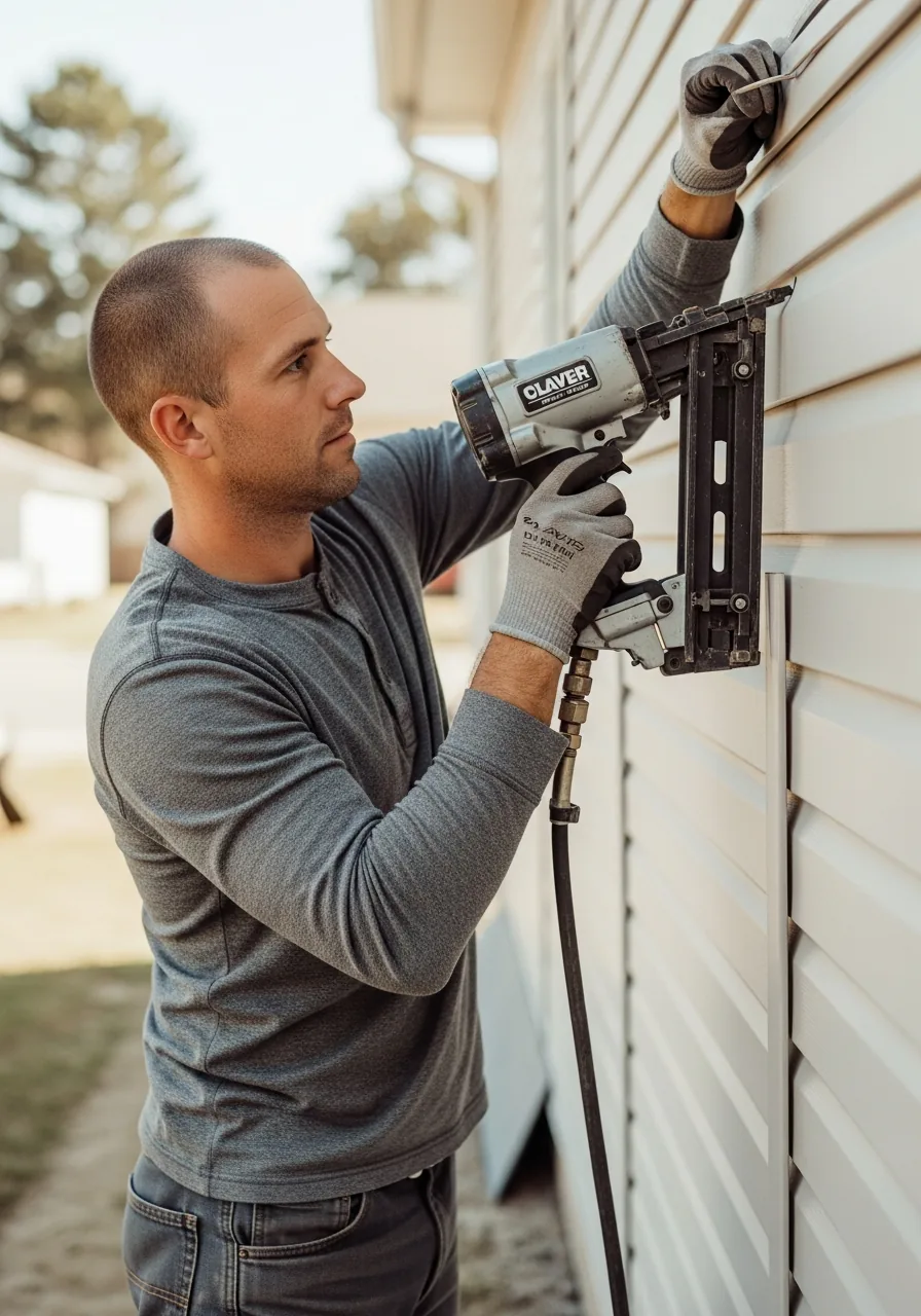 Siding installer gloved hands hooking the bottom lock of a vinyl siding panel onto the top edge of the course below against a house wall