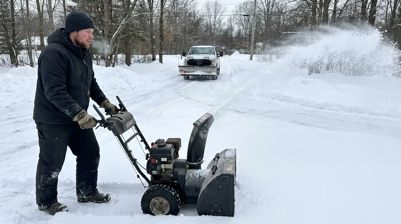 Snow removal operator in insulated bibs