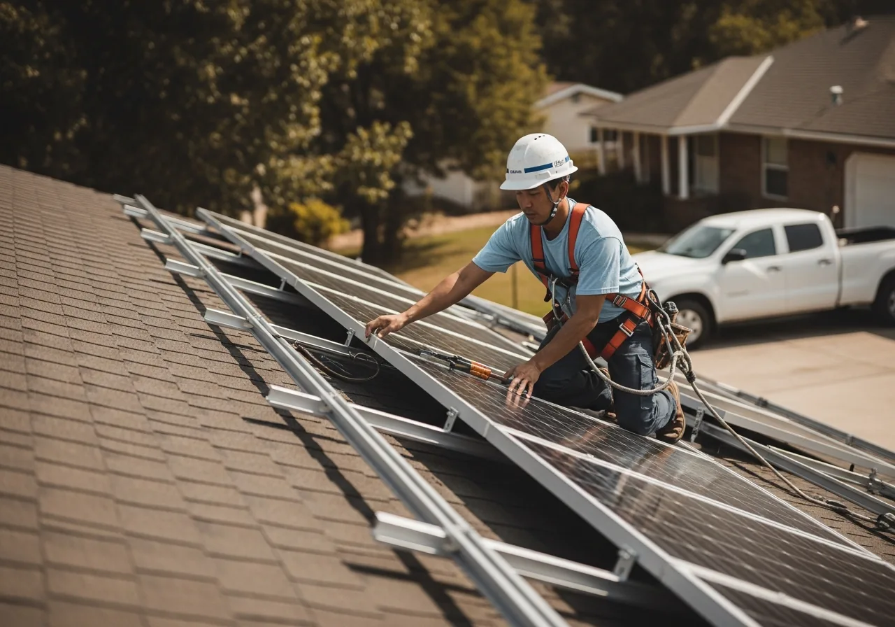 Solar installer wearing a hard hat and fall-arrest harness tethered to a roof anchor positioning a framed PV module onto pre-mounted aluminum rails on a residential asphalt-shingle rooftop