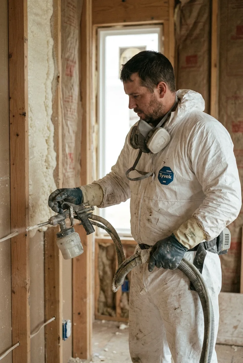 Spray foam insulation installer in full ppe with supplied-air hood down
