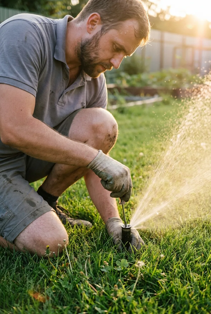 Irrigation technician a gloved hand turning the radius screw on a pop-up spray nozzle with a small flat-head screwdriver