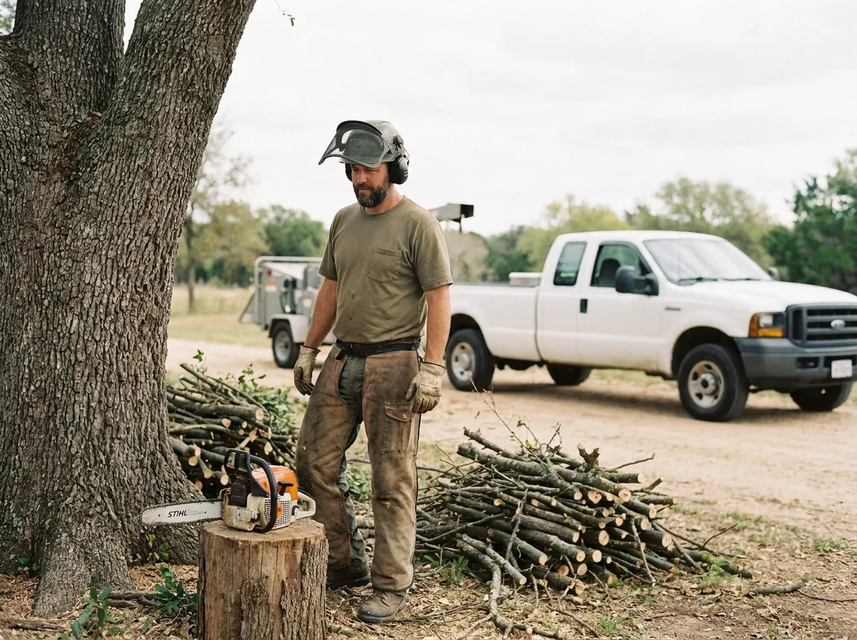 Tree service professional in a helmet with mesh face screen and ear muffs