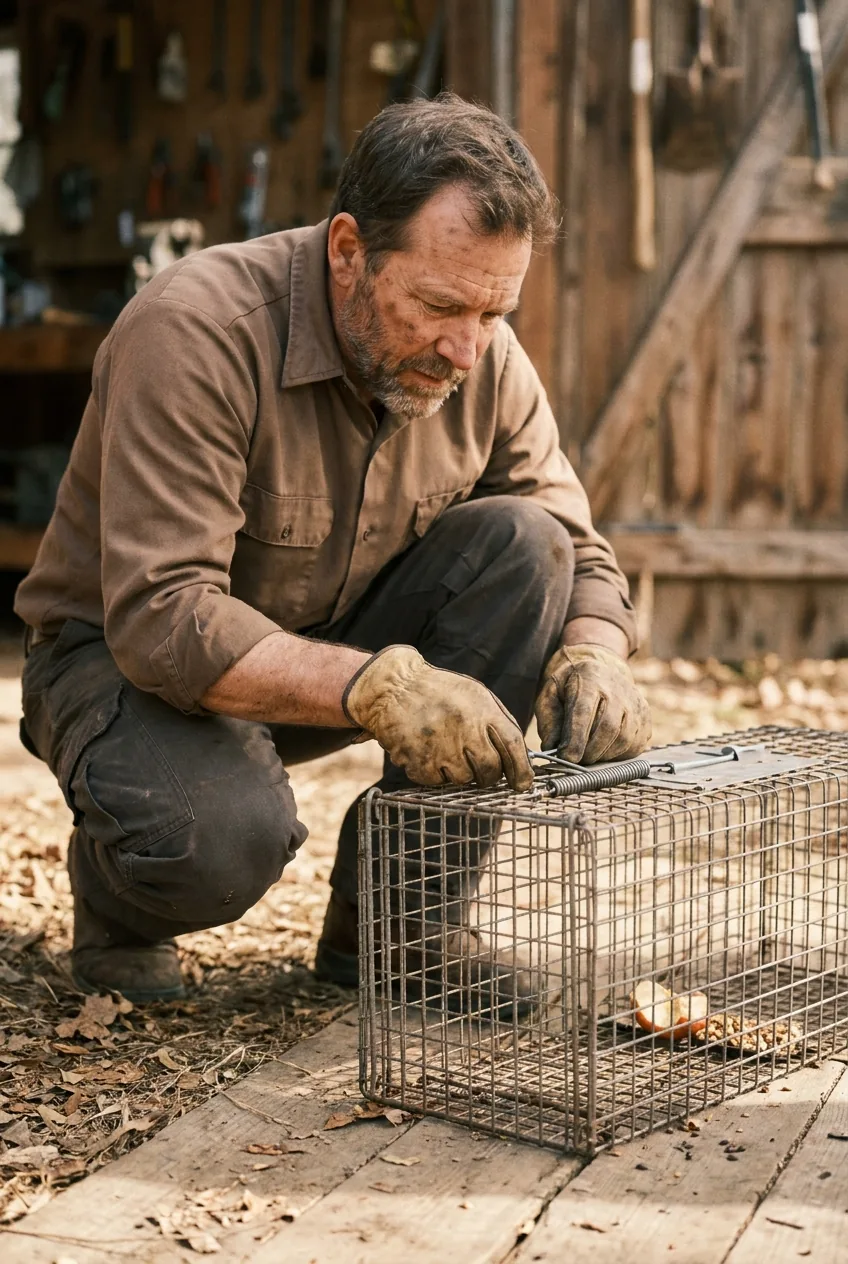 Wildlife removal technician gloved hands setting the trip pan and spring-loaded door latch of a wire cage trap