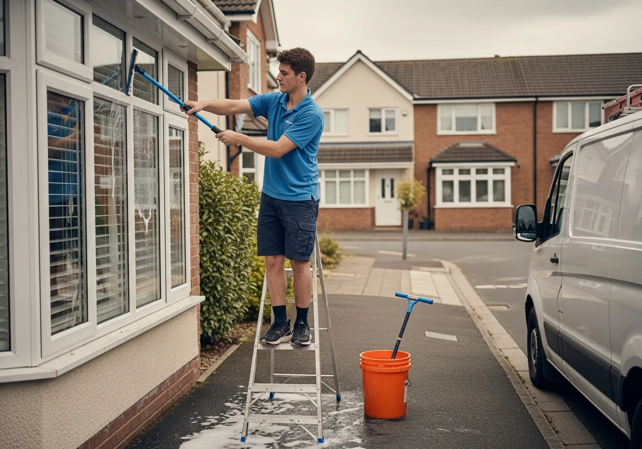 Window cleaner squeegeeing a large ground-floor window of a home in a straight pull