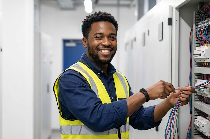 Electrician in a hi-vis vest wiring an electrical panel
