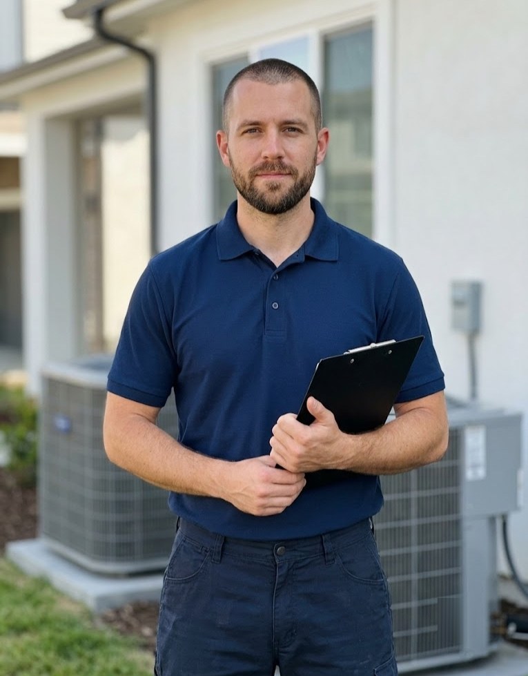 HVAC technician standing in front of residential AC condenser unit with clipboard