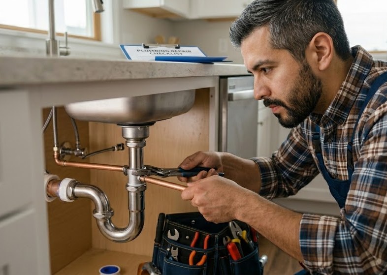 Plumber repairing the pipes under a kitchen sink with a plumbing repair checklist